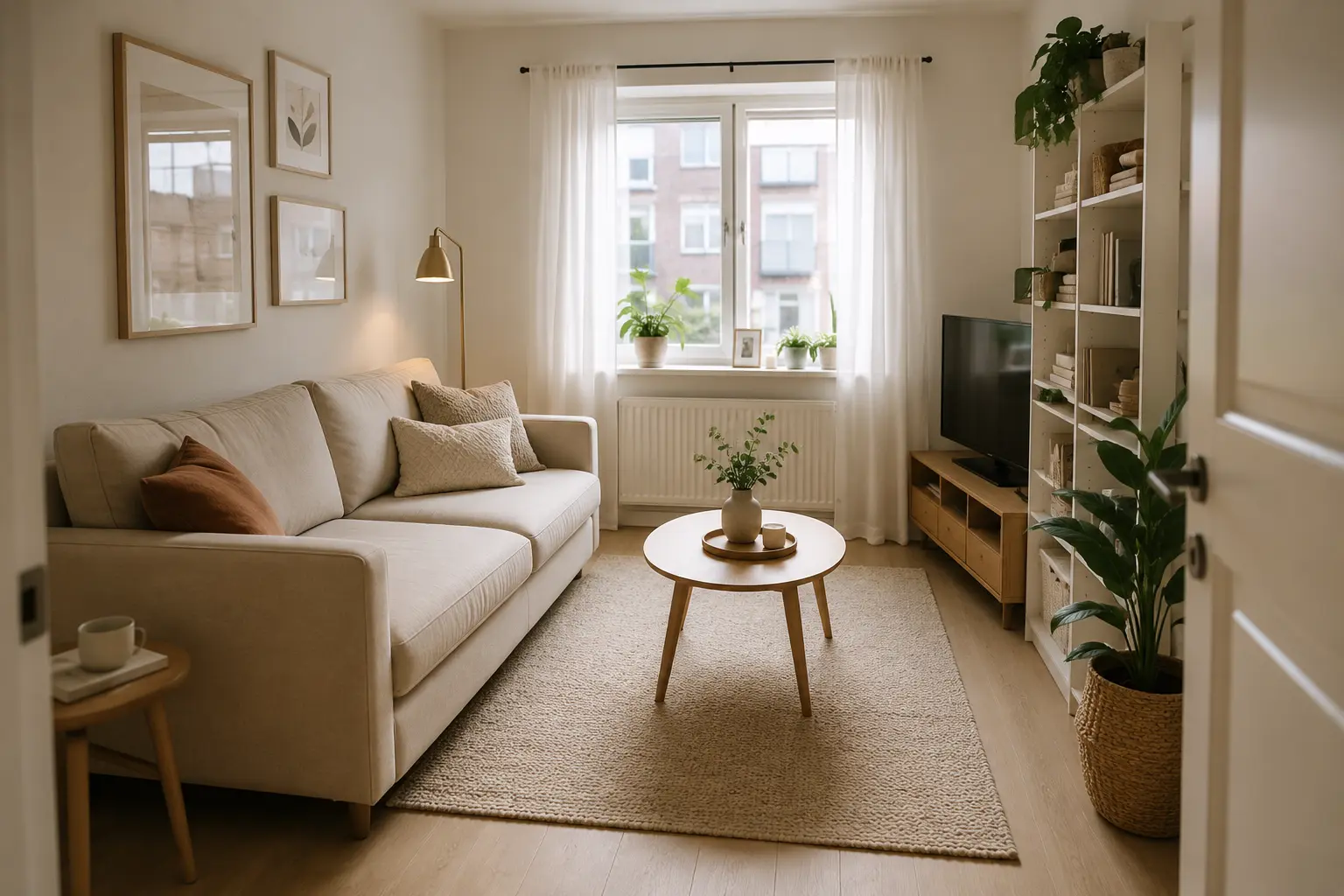 Low-profile sofa with slim arms and exposed legs in a small living room