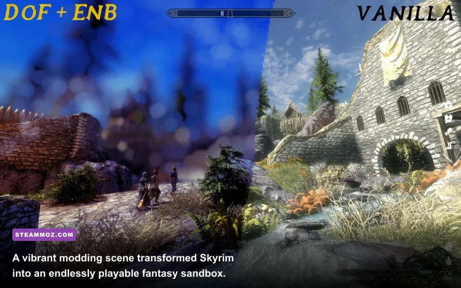 Heavily modded Skyrim Special Edition landscape showing photorealistic forests and lighting