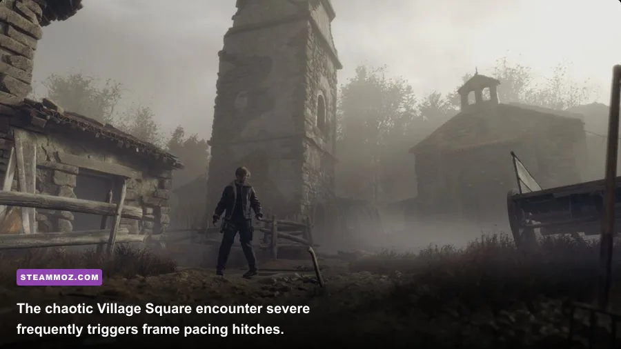 Leon dodging Chainsaw Villager Salvador in Resident Evil 4 Remake village square