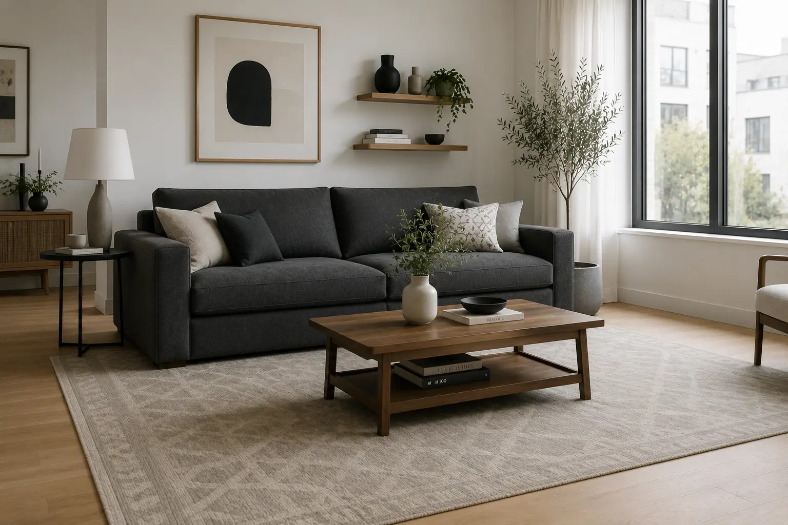 solid gray sofa with a patterned geometric rug in a neutral living room