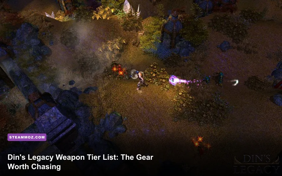 Din's Legacy character battling monsters with randomized equipment