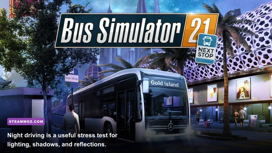 Bus Simulator 16 bus driving at night beneath street lights