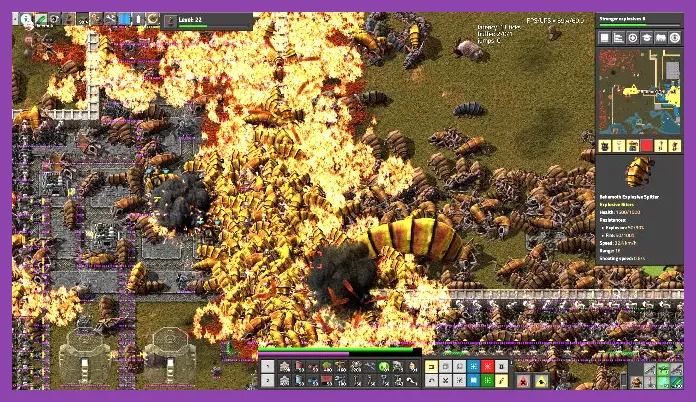 Factorio atomic rocket destroying a massive biter nest with a nuclear explosion