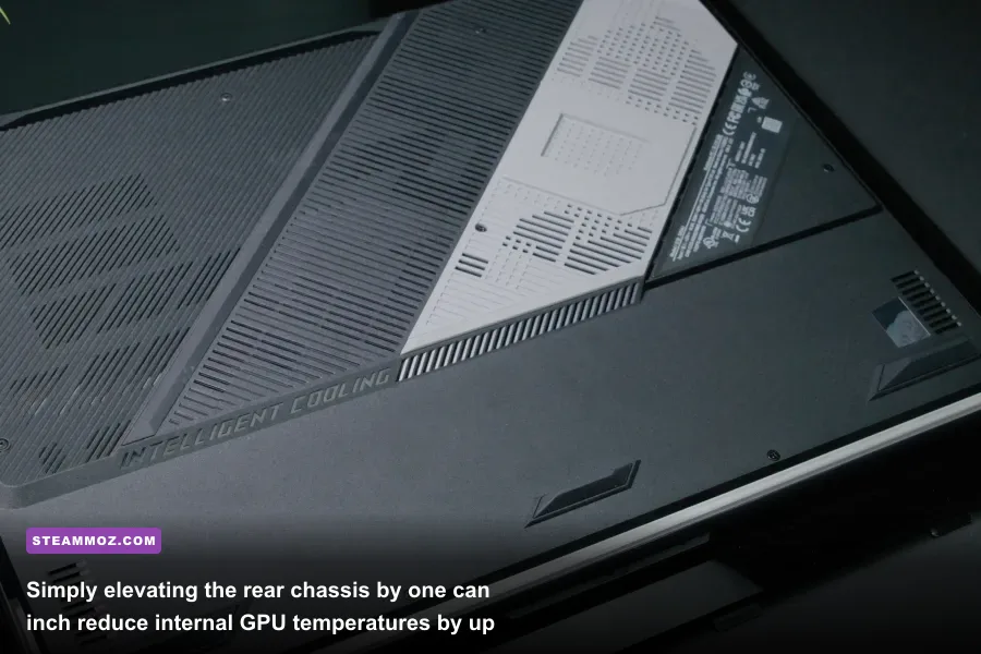 Gaming laptop raised on an aluminum stand to provide clear airflow to intake vents