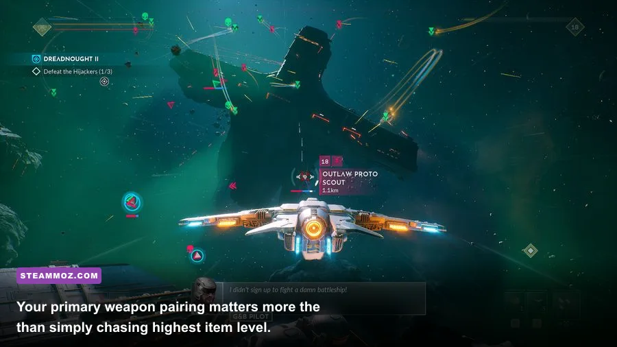 EVERSPACE 2 Titans weapon loadout showing primary weapons in the cockpit