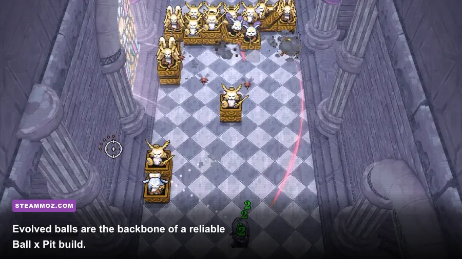 Ball x Pit evolved ball projectiles cutting through enemies in the pit