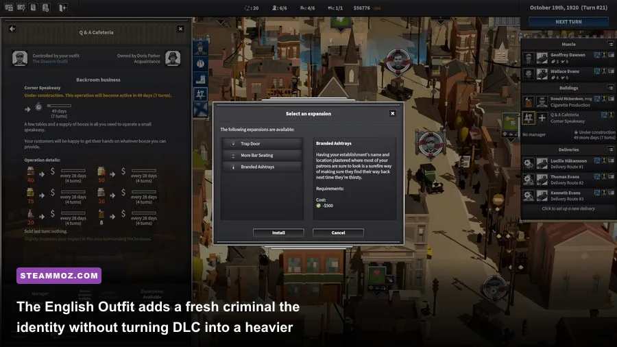 City of Gangsters The English Outfit gameplay showing an English gang operation and neighborhood businesses