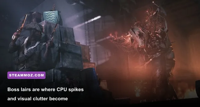 Hunt Showdown 1896 hunter battling the Butcher inside a dark boss lair