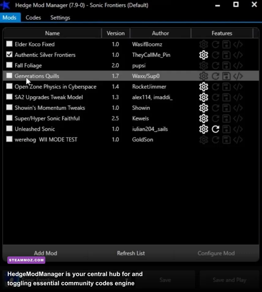 HedgeModManager software window configuring mods and codes for Sonic Frontiers