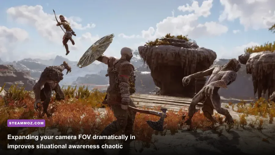 God of War Ragnarok Kratos fighting Norse draugr with expanded FOV