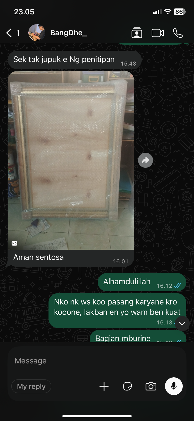 Screenshot testimoni WhatsApp customer Sasana Pigura 1
