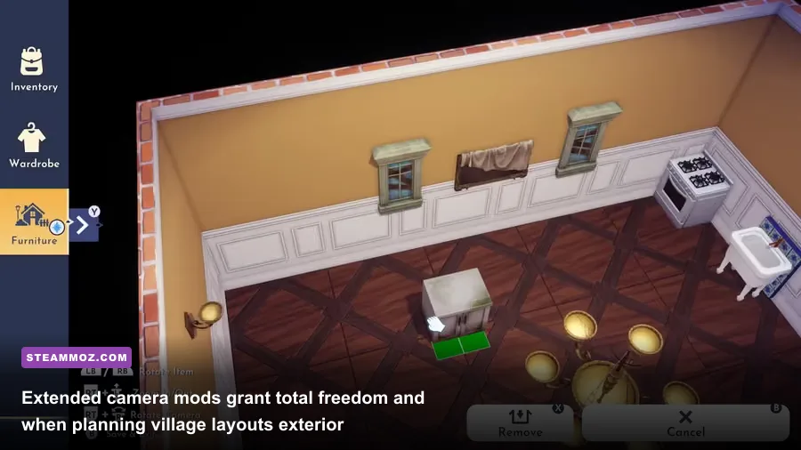 Overhead wide-angle view of Disney Dreamlight Valley furniture customization mode