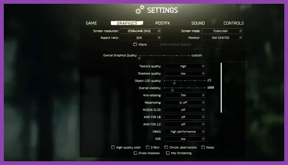 Escape from Tarkov graphics settings menu showing DLSS shadows textures and visibility options