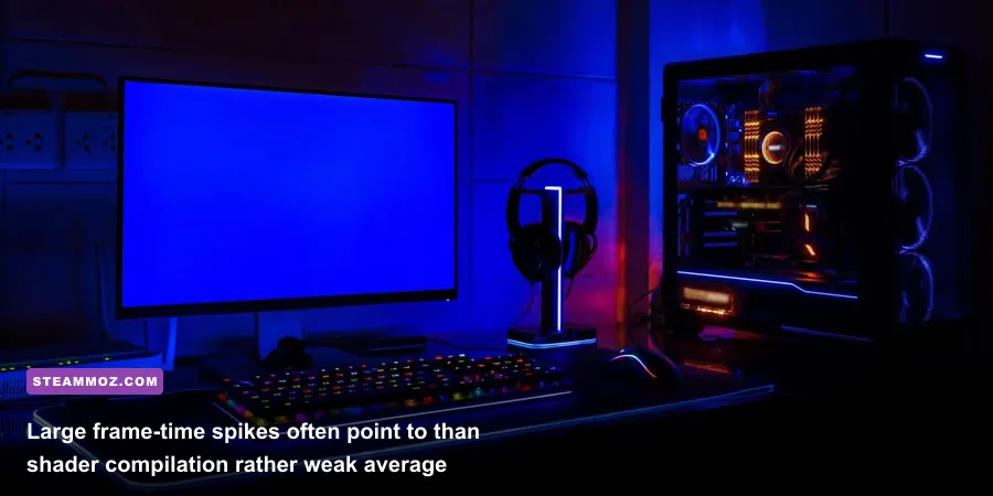 Shader compilation stutter shown as frame-time spikes on a PC gaming performance overlay