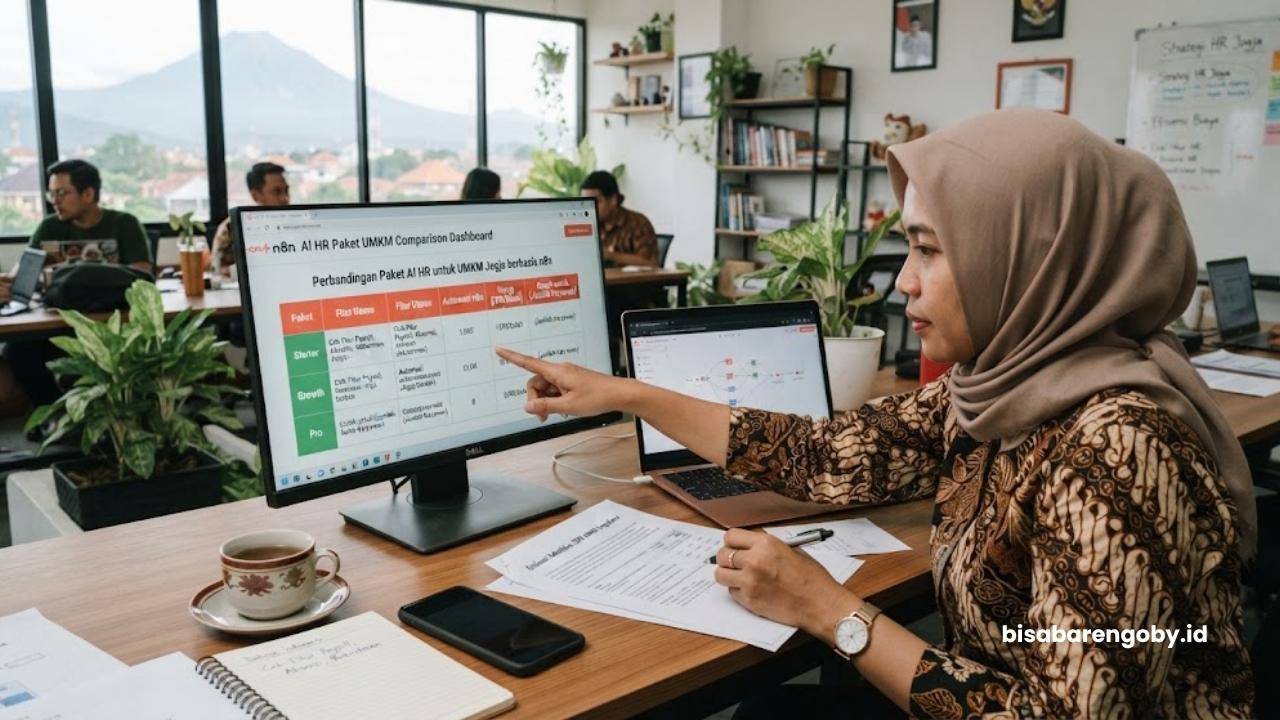 Manajer personalia membandingkan pilihan paket AI HR untuk UMKM di Yogyakarta berbasis n8n