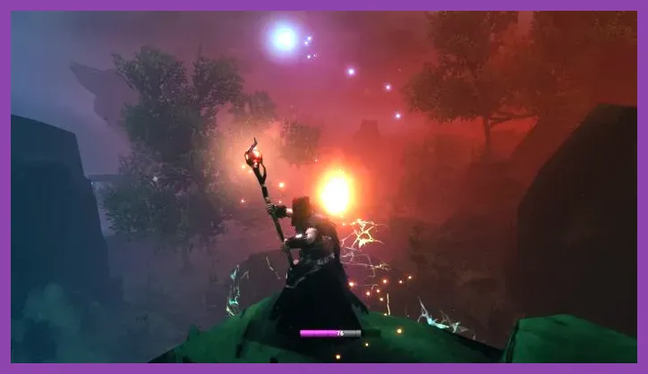 Valheim character using elemental magic against enemies in the Mistlands