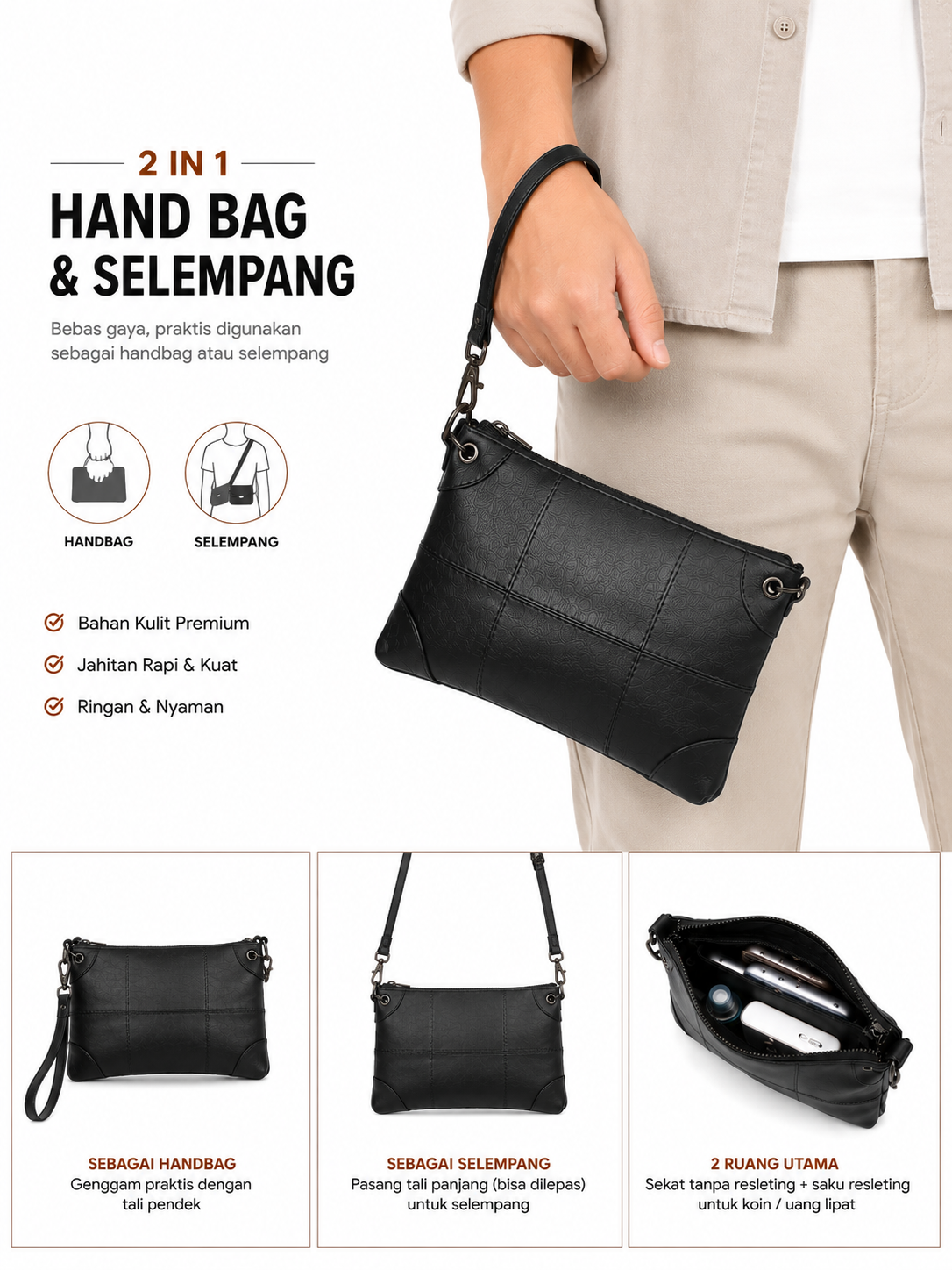 Tas Selempang Pria Wanita Kulit Sapi Asli Premium 2in1 Handbag Clutch Sling Bag Full Leather Muat HP
