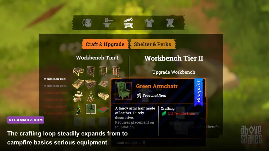 Above Snakes crafting interface showing workbench, forge, tools, and survival recipes