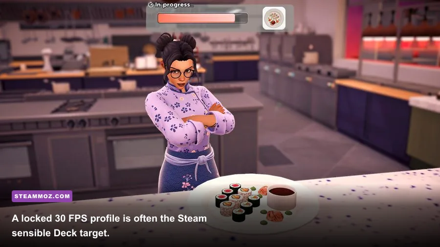 Chef Life Tokyo Delight running on Steam Deck in a Japanese restaurant kitchen