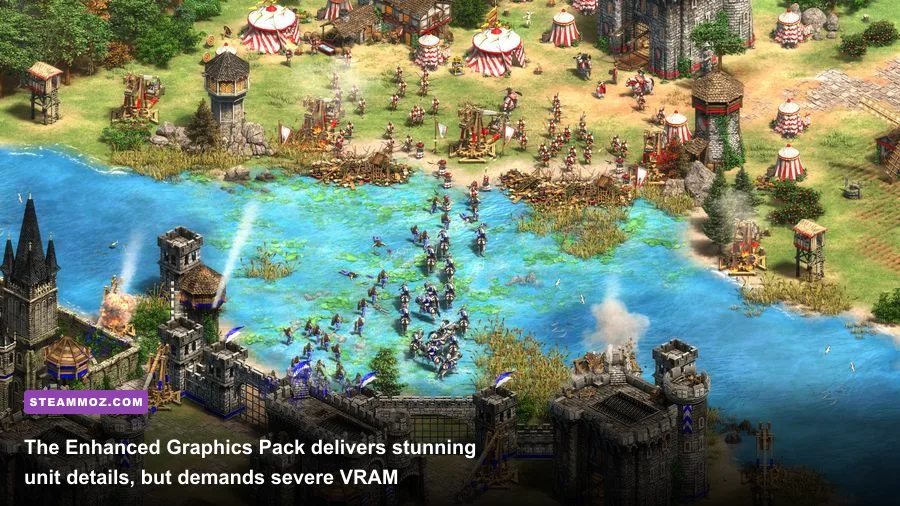 Enhanced Graphics Pack zoom comparison in Age of Empires 2 Definitive Edition displaying high resolution building textures