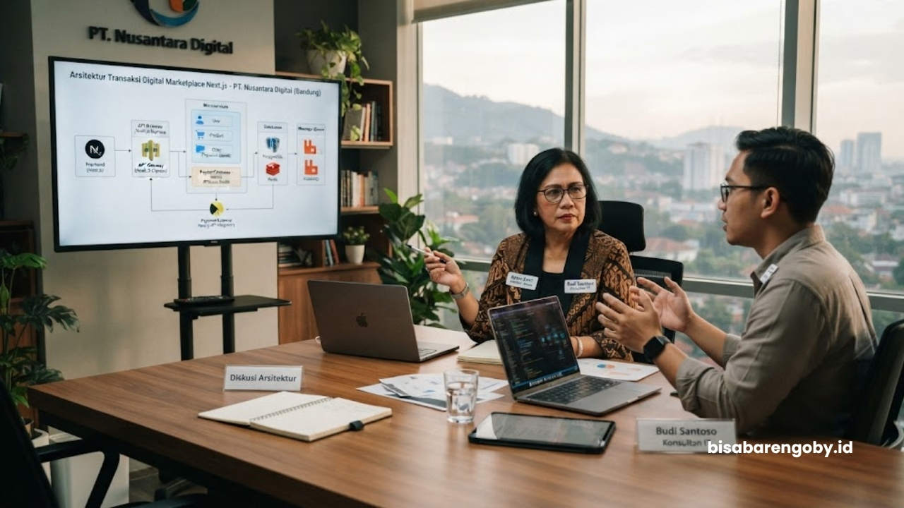 Direktur utama berdiskusi dengan konsultan website marketplace untuk perusahaan di Bandung berbasis Next.js terkait arsitektur transaksi digital