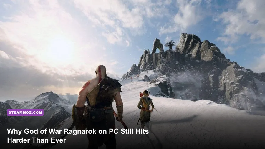 Kratos and Atreus traveling across the frozen landscape of Midgard in God of War Ragnarok PC