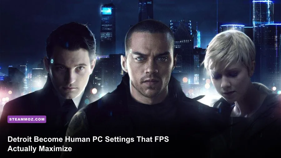 Detroit Become Human PC wallpaper featuring Connor, Kara, Markus, and the Detroit skyline
