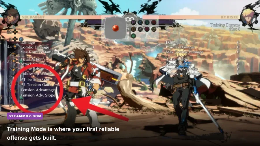 Guilty Gear Strive training mode showing frame data and counter hit practice