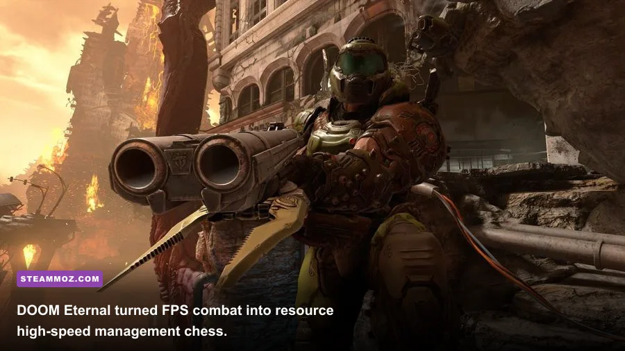 The Doom Slayer grappling into a demon with the Meathook in DOOM Eternal