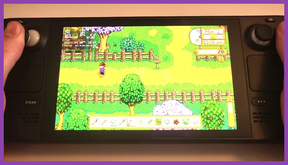 Stardew Valley on Steam Deck showing the farm with minimal effects