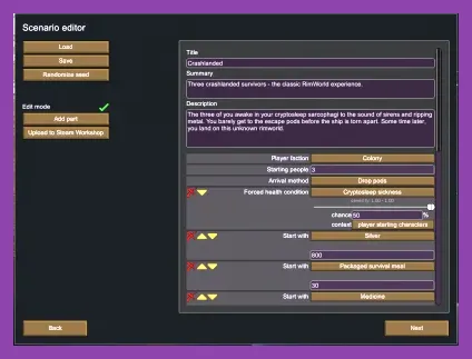 RimWorld scenario editor settings