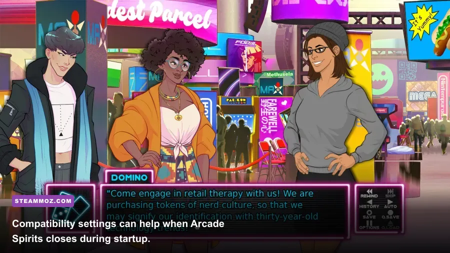 Arcade Spirits dialogue scene running on a Windows gaming PC