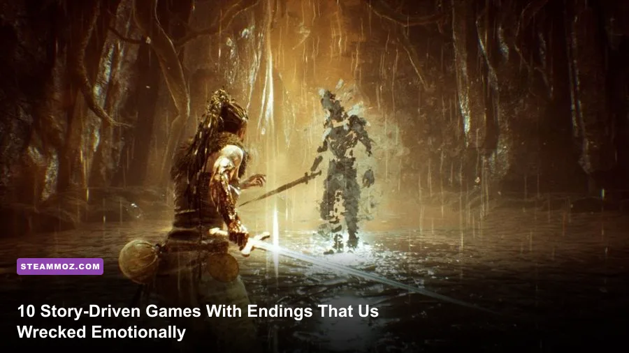 A dramatic cinematic ending scene from a narrative-driven video game