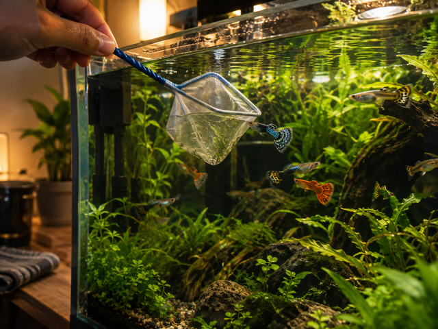 Fishkeeper caring for guppy fish in aquarium