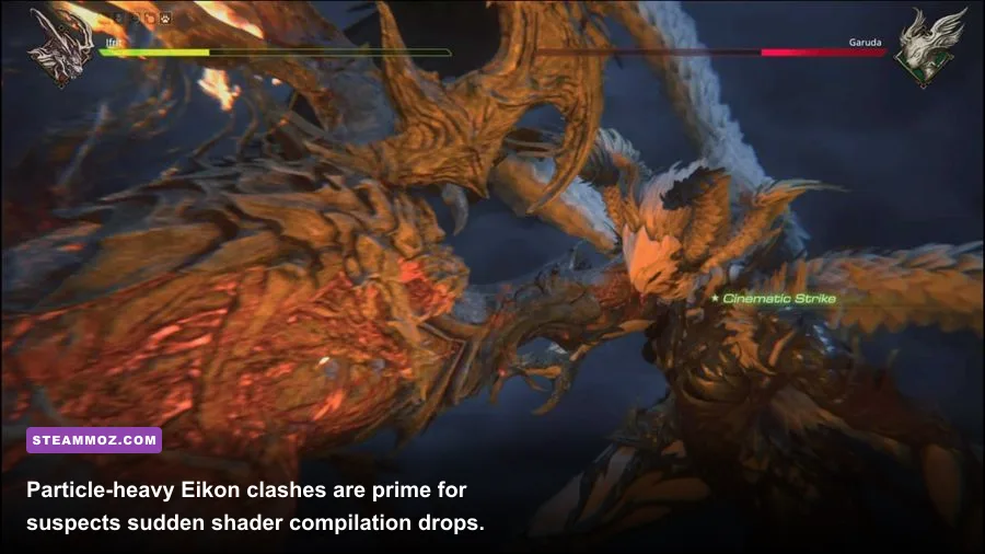 Eikon battle featuring Ifrit grappling with Garuda amidst heavy particle effects