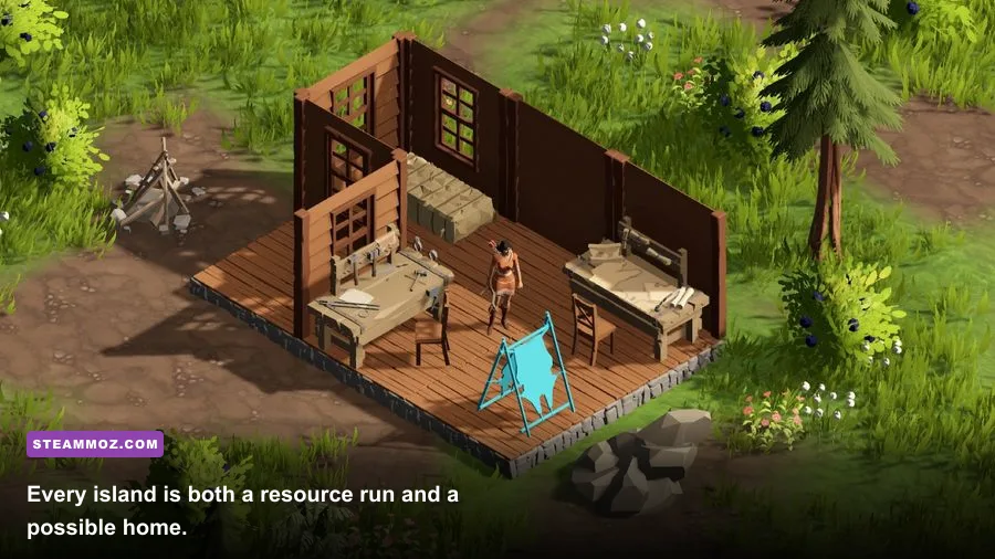 Above Snakes player building a shelter and crafting station on a floating island