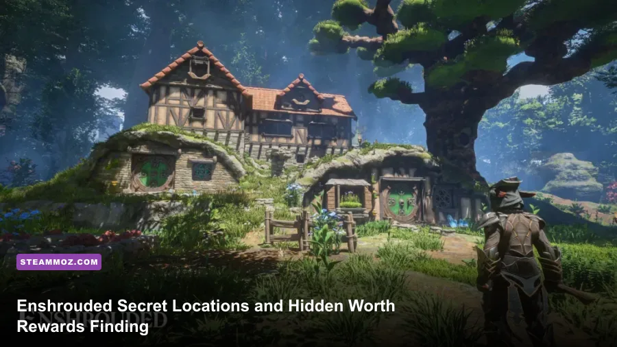 Enshrouded player exploring a hidden treasure location in Embervale