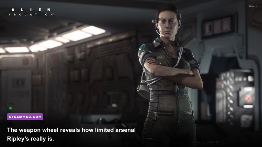 Amanda Ripley selecting the flamethrower, revolver, and shotgun in Alien Isolation