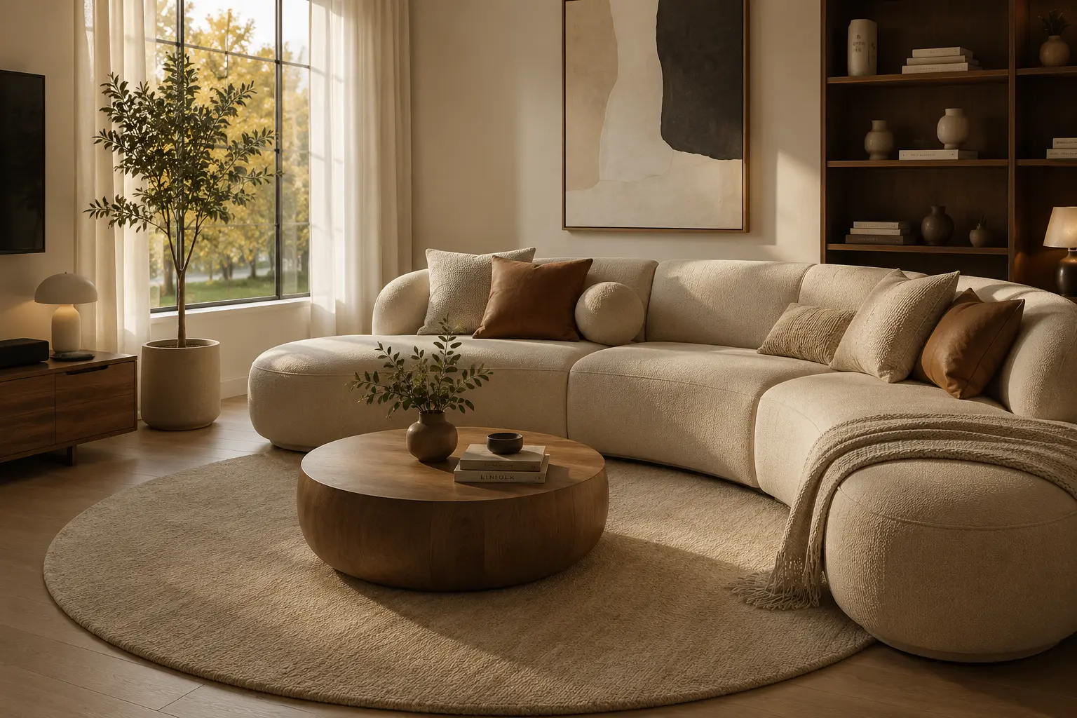 round rug under curved sofa and round coffee table in modern living room