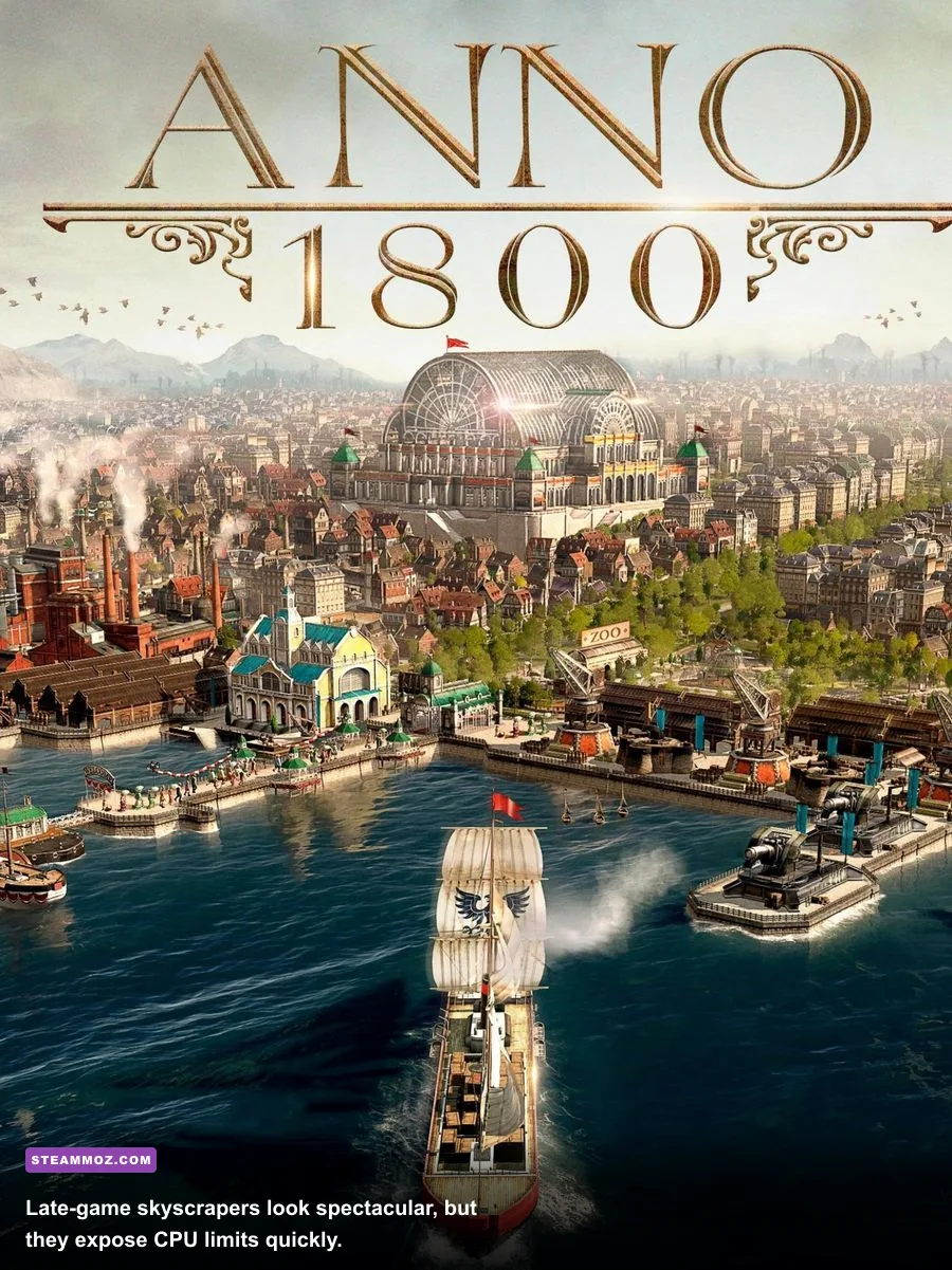 Anno 1800 late game metropolis with dense skyscrapers harbor and many ships