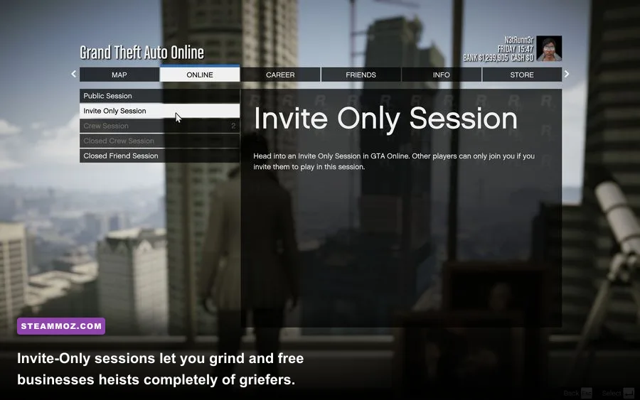 Pause menu screen in GTA Online showing session selection options