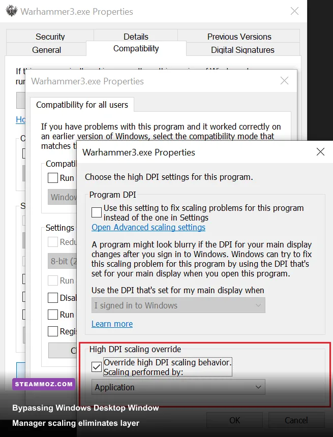 Windows properties menu showing high DPI scaling override and disable fullscreen optimizations