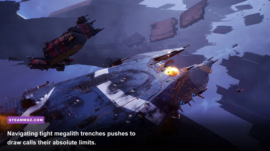 Frigates and fighters flying through a massive megalith corridor in Homeworld