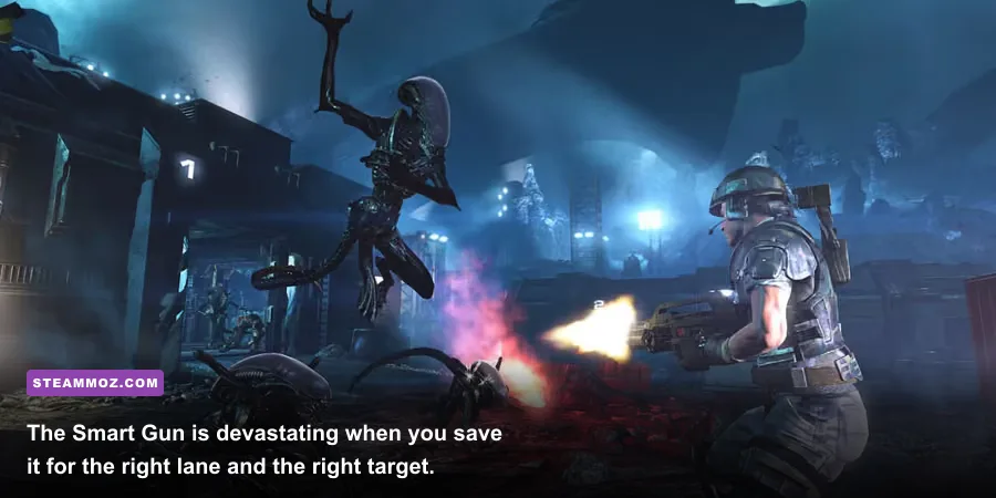 Aliens Colonial Marines marine operating the M56 Smart Gun during a Xenomorph attack