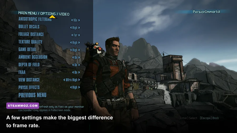 Borderlands 2 PC graphics settings menu showing PhysX and resolution options