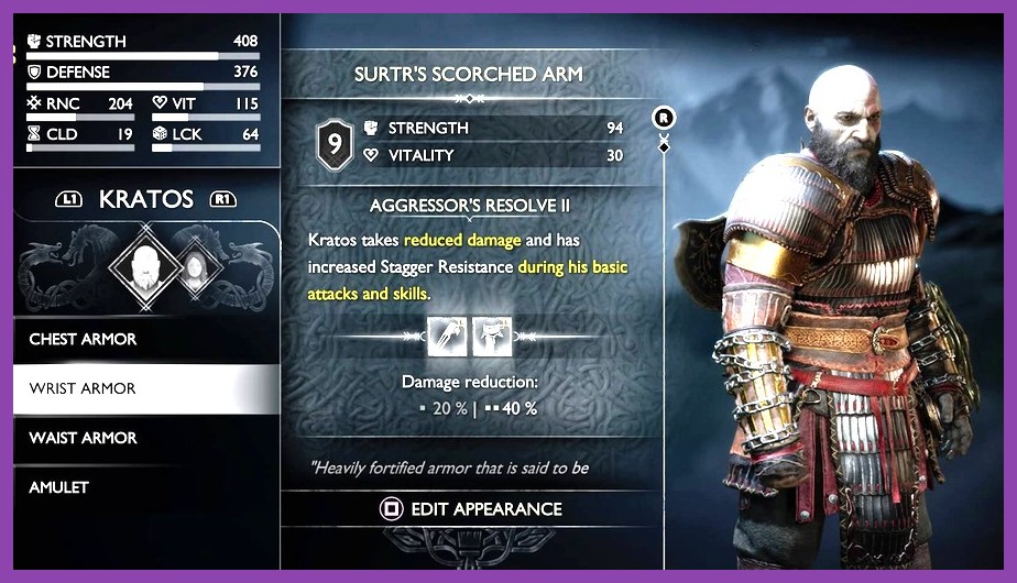 Kratos wielding fire-infused Blades of Chaos while wearing Surtr's Scorched Armor