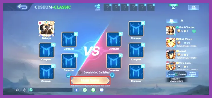 Mobile Legends Bang Bang Brawl and VS AI mode selection menu