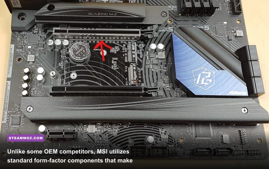 Standard PC motherboard layout highlighting upgradeable components and PCIe slots
