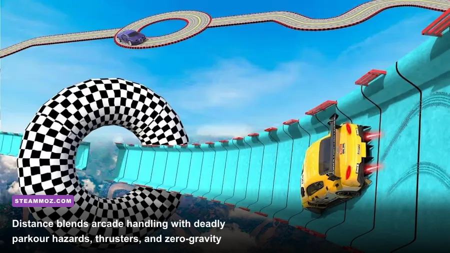 Distance racing car rotating mid-air above neon laser hazards