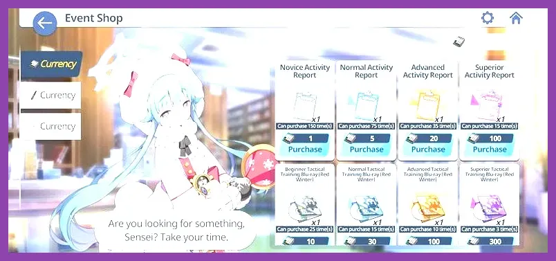 Blue Archive event shop currency exchange screen